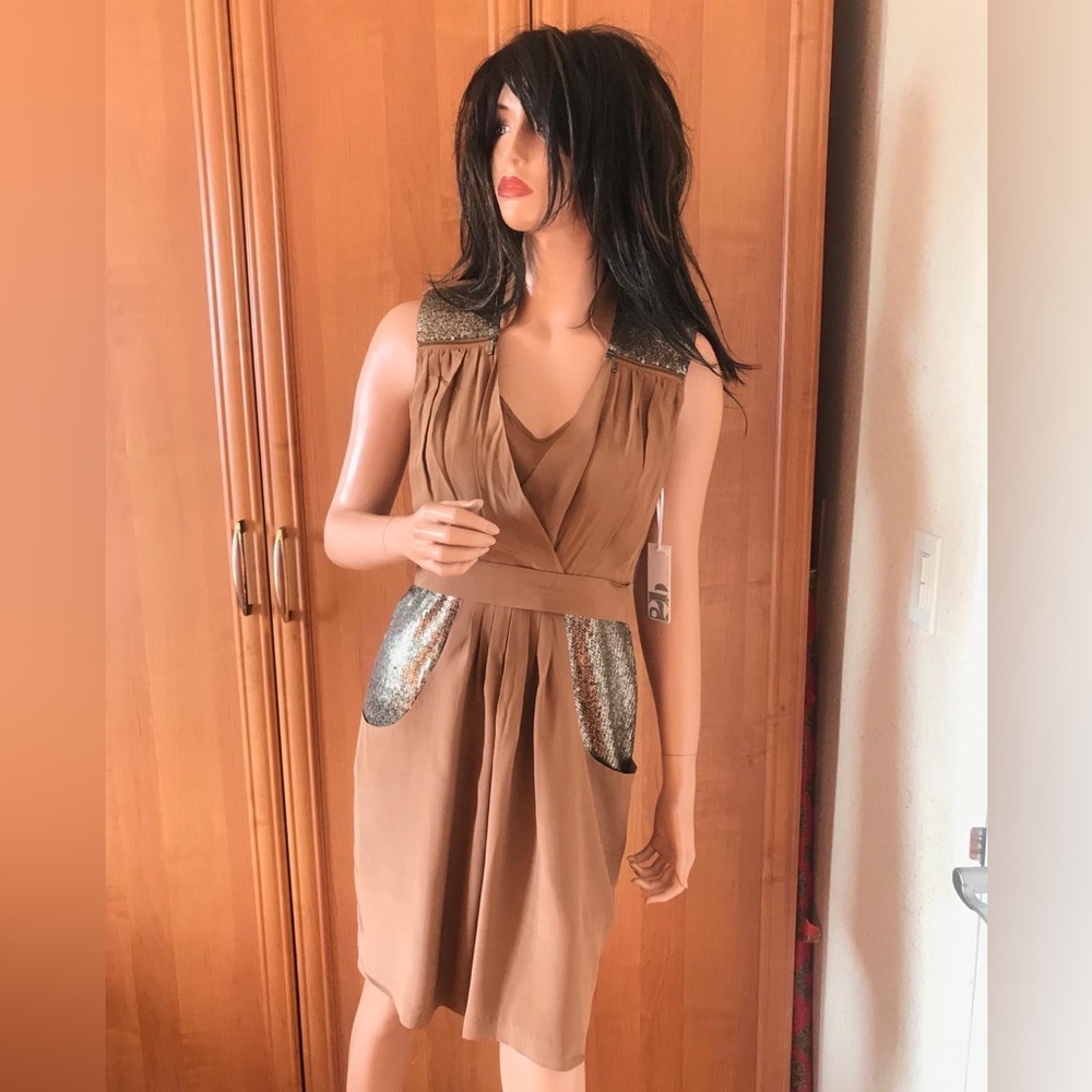 2B.Rych tan midi dress with sequence detailing in size 6. NWT